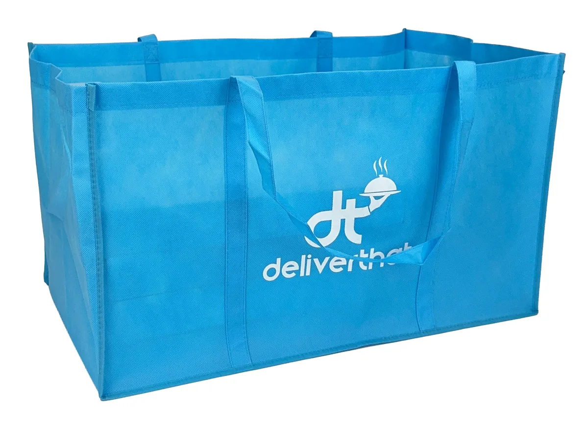 Oversized light blue non-woven catering delivery tote with an open top and a one color white logo printed on the side