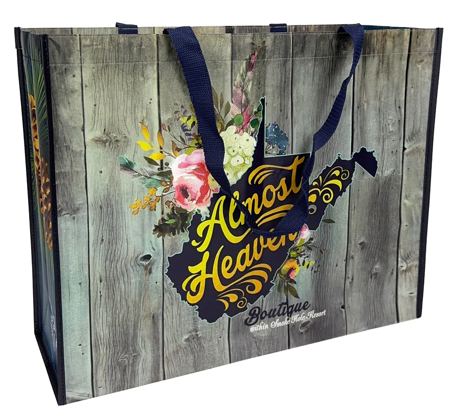 Laminated non-woven tote printed edge to edge with a floral state outline over a barn wood background