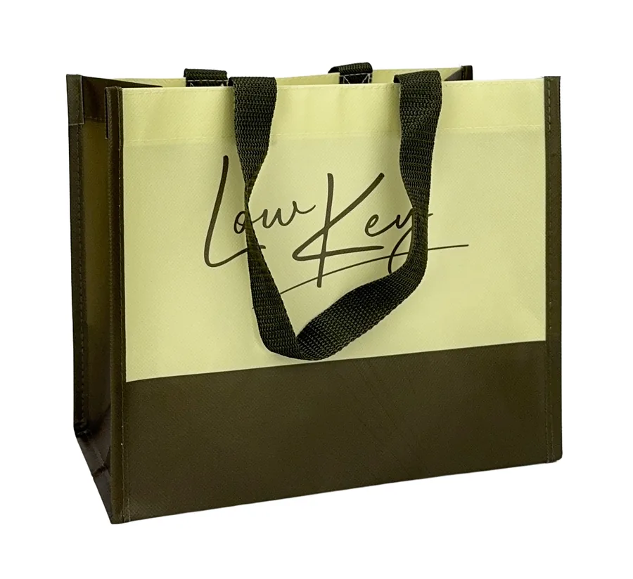Two tone laminated tote in cream and olive with a script logo