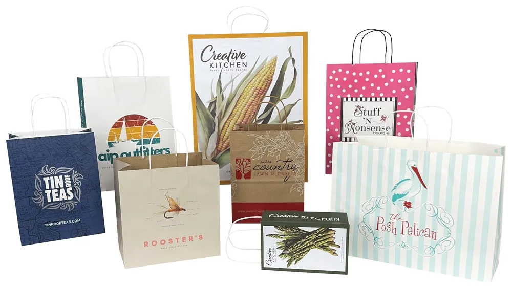 Made to order serrated edge paper shopping bags printed edge to edge with full color artwork on natural kraft and white