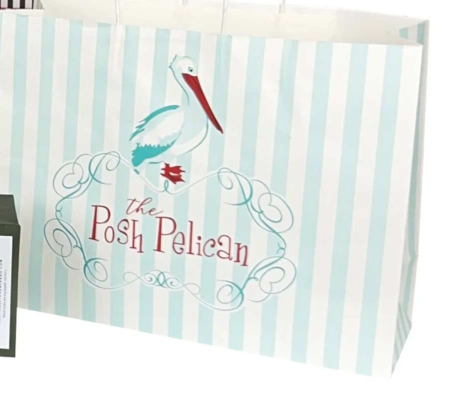 Striped paper shopping bag printed on all four sides with a pelican logo