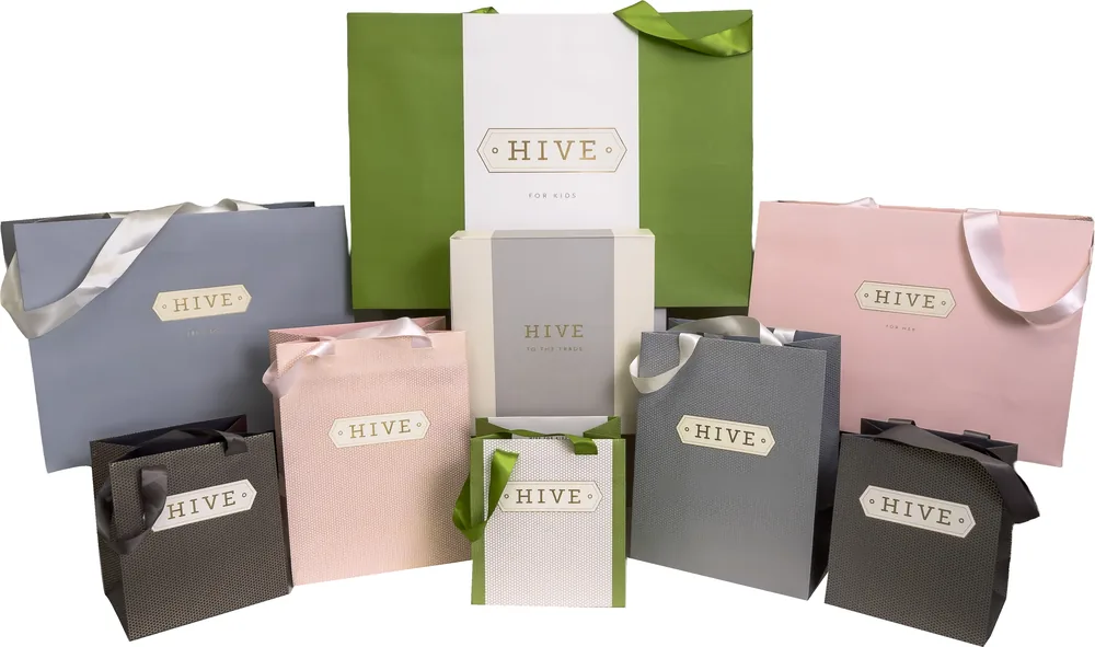 Made to order euro tote bags, embossed and hot stamped, with ribbon handles in pink, grey, green and charcoal