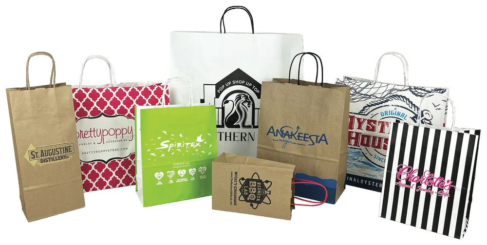 Custom printed paper shopping bags made in the USA, natural kraft and white kraft with one to three color logos, twisted paper handles