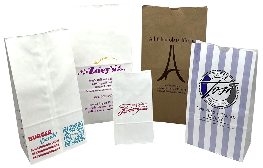 Custom printed SOS paper bags in white and natural kraft, flat bottom grocery style bags with one and two color logos