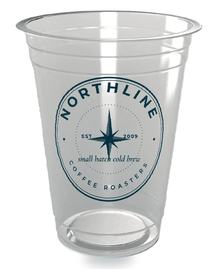 Sample brand printed on a clear PET cup, one color