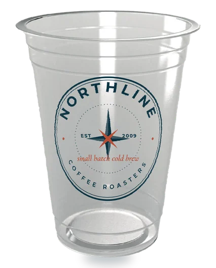 Sample brand printed on a clear PET cup, two colors