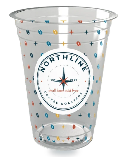 Sample brand printed on a clear PET cup, full wrap
