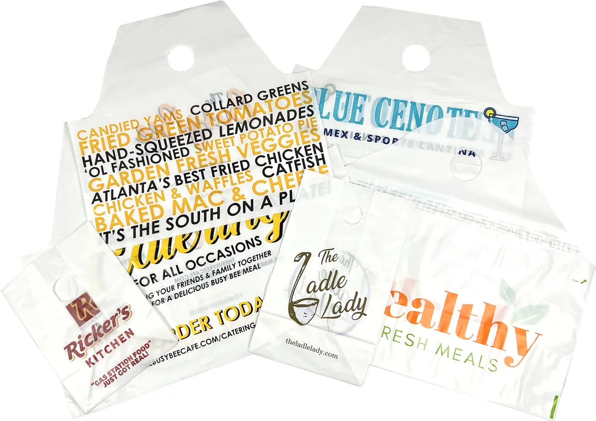 A group of custom printed plastic bags with restaurant and retail logos in one to four ink colors