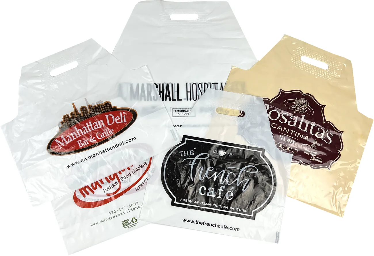 Five custom printed wave top carry out bags in clear, white and tan film with restaurant, deli and cafe logos