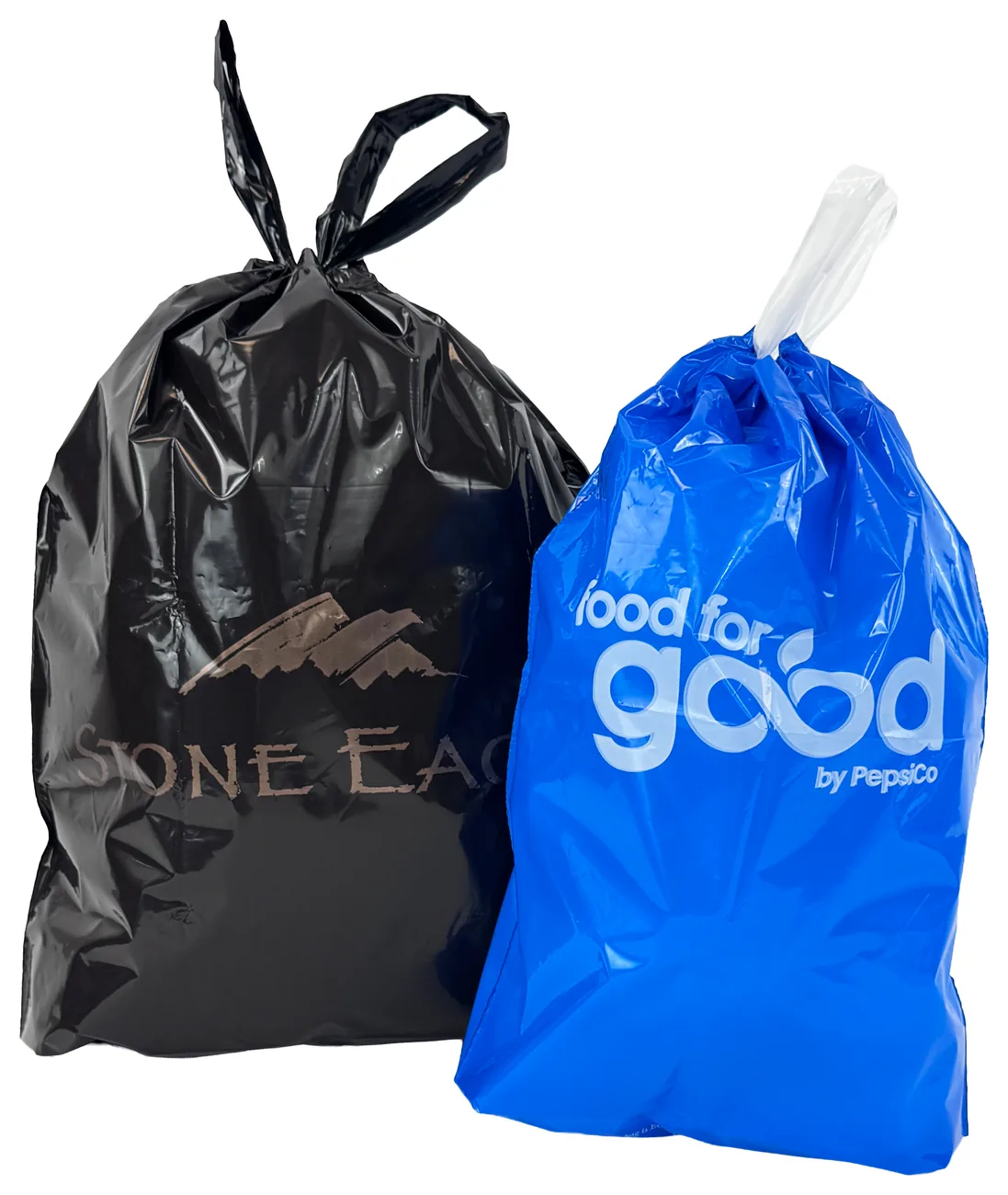 Two custom printed draw tape plastic bags, a black bag with a metallic copper logo and a blue bag with a white logo, each pulled closed by its tape