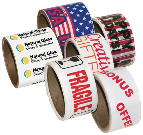 Custom printed pressure sensitive poly packing tape rolls in clear and white with one, two and three color logos