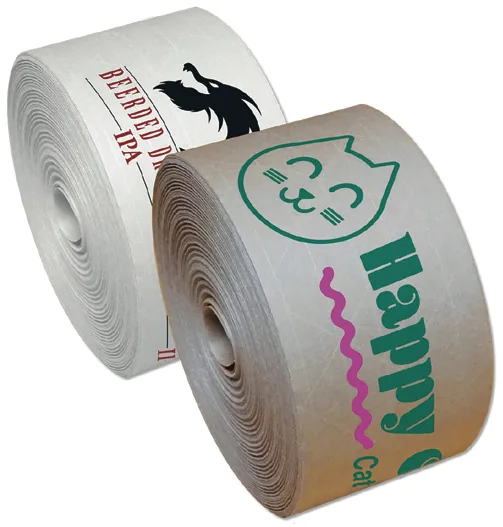 Custom printed reinforced kraft and white water activated packing tape rolls with one and two color logos