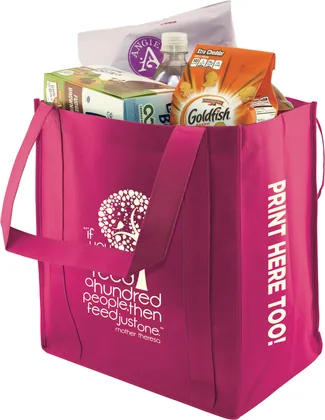 Hot pink custom grocery tote printed with a logo on the front and side