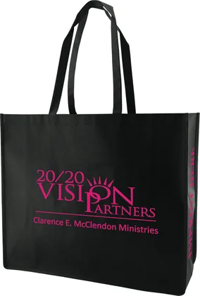 Large black custom shopping tote with a pink logo