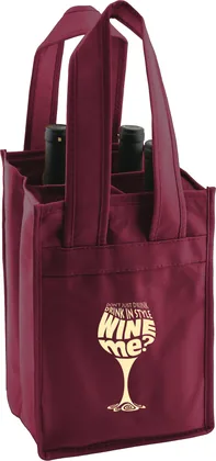 Merlot custom four bottle wine tote with a gold logo