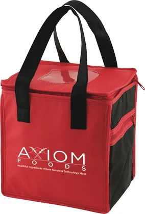 Red and black custom insulated lunch tote with a white logo