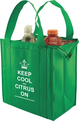 Kelly green custom insulated grocery tote with a white print