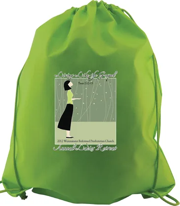 Lime green custom drawstring backpack with full color art