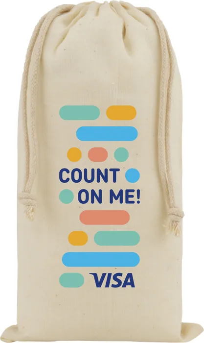 Natural cotton muslin pouch printed with a multi color design by full color transfer
