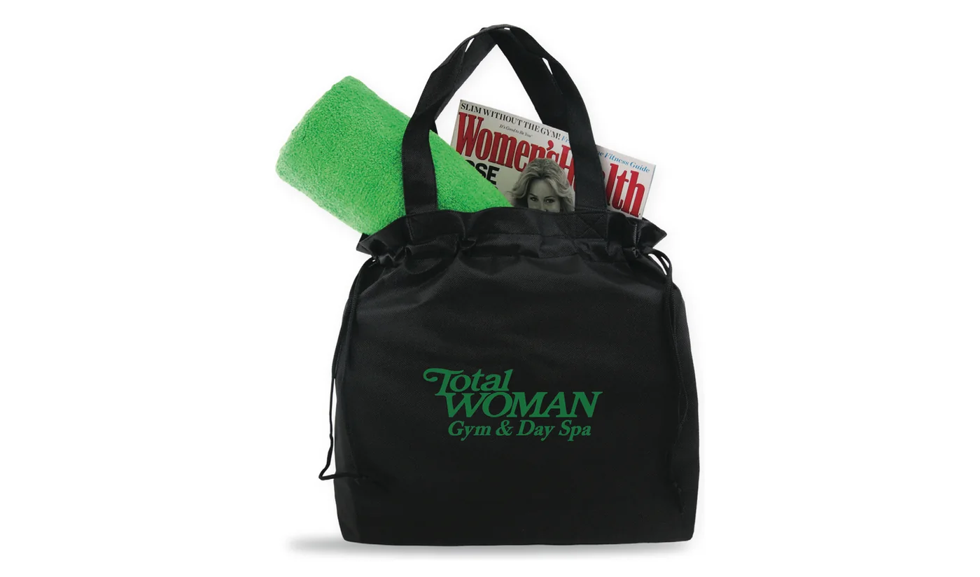 Custom printed black non-woven tote with a drawstring top, printed with a green gym and spa logo