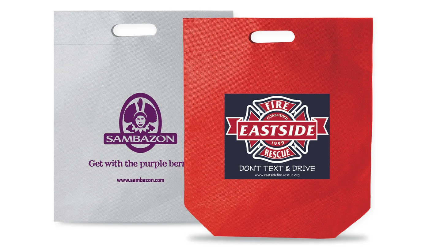 Two custom printed die cut handle bags, a white bag with a purple logo and a red bag with a full color badge logo