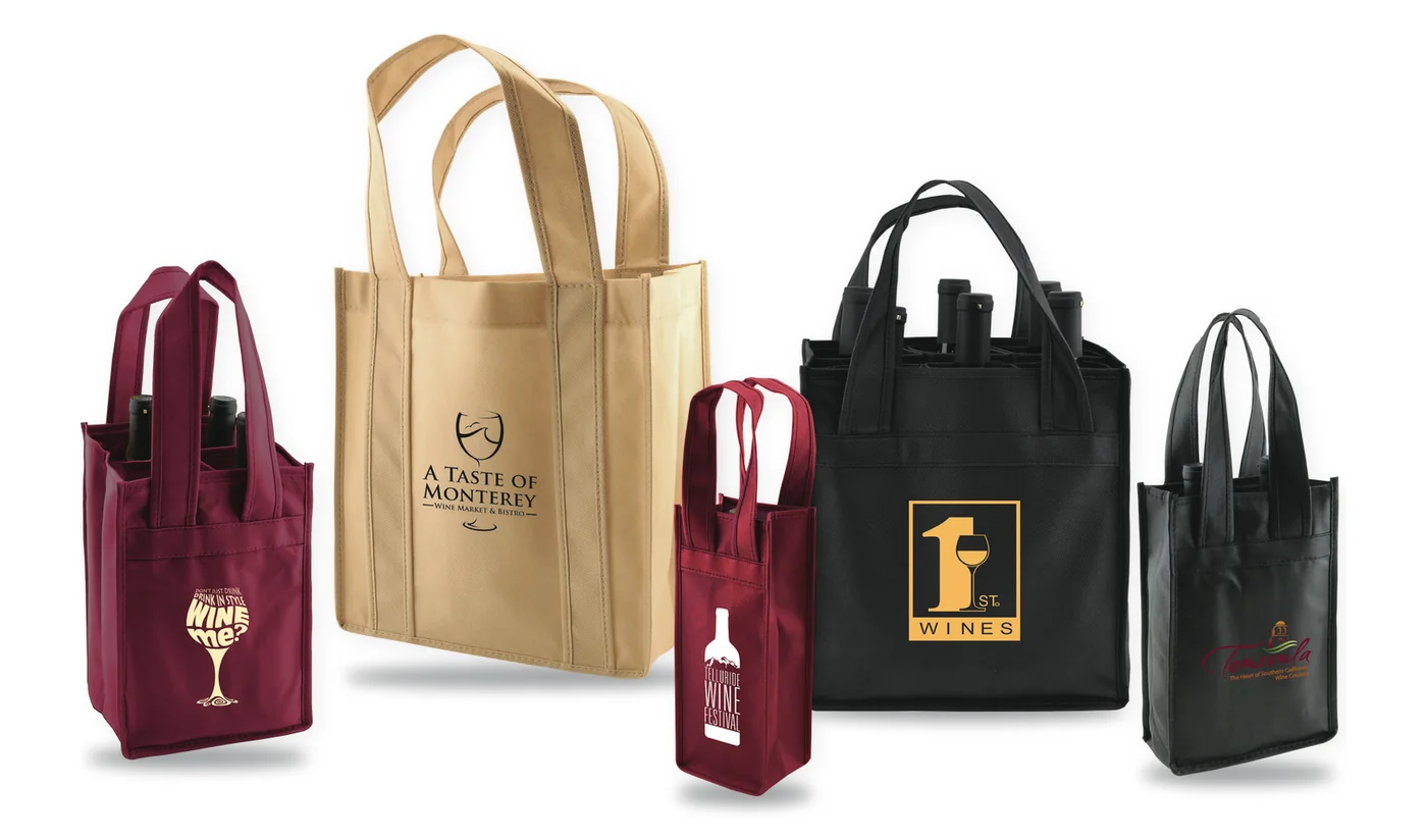Five custom printed non-woven wine bottle totes for one, two, four and six bottles in merlot, natural, black and burgundy, each with a winery or wine shop logo