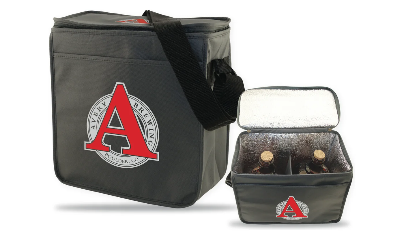 Custom printed charcoal insulated growler cooler bag with a brewery logo, shown closed and open with two growlers inside