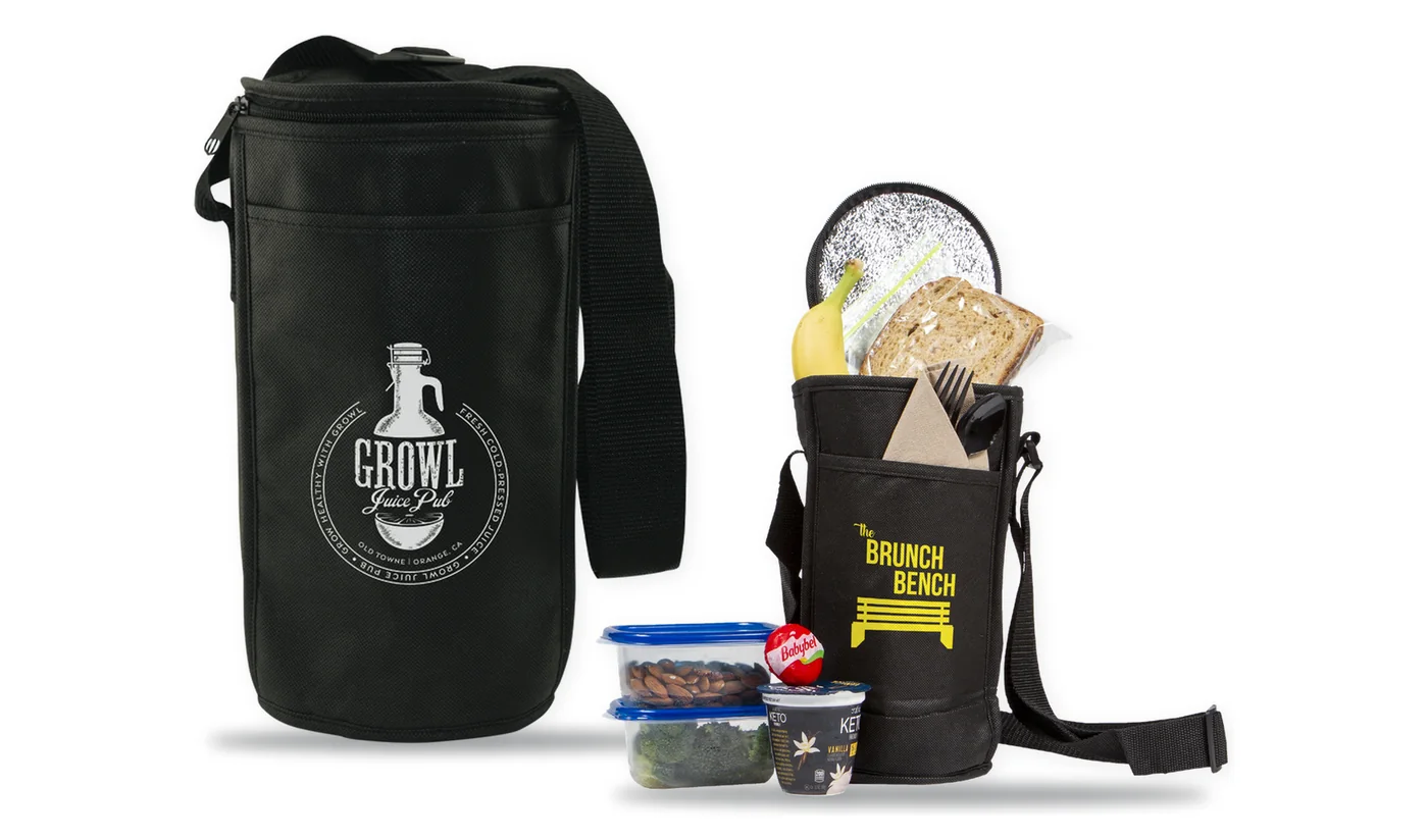 Custom printed black insulated barrel bag with a growler logo and shoulder strap, and the same bag open as a lunch bag