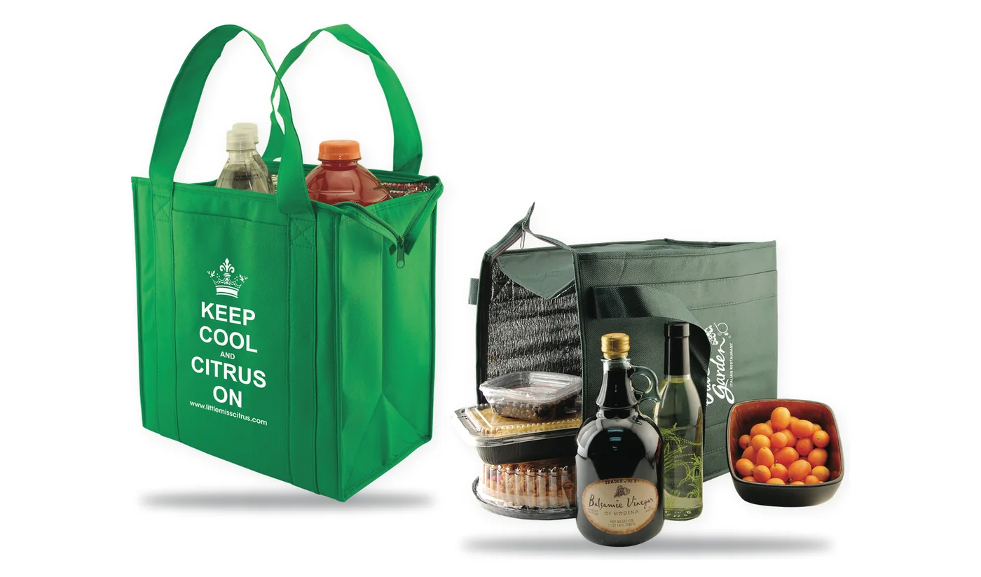 Two custom printed insulated grocery totes, a kelly green tote packed with drinks and a dark green tote opened to show its foil lining