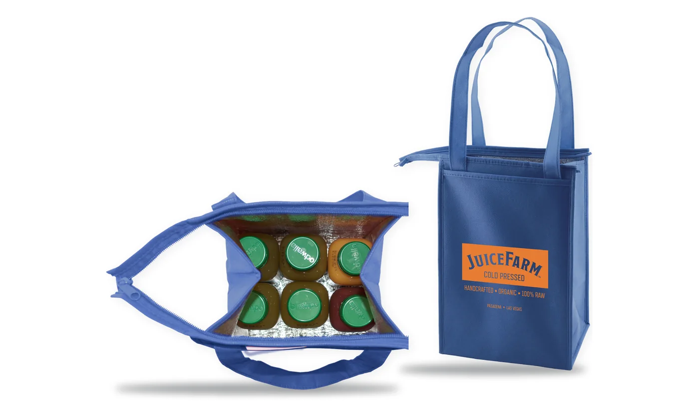 Custom printed royal blue insulated junior tote with a juice company logo, shown closed and open with six juice bottles inside