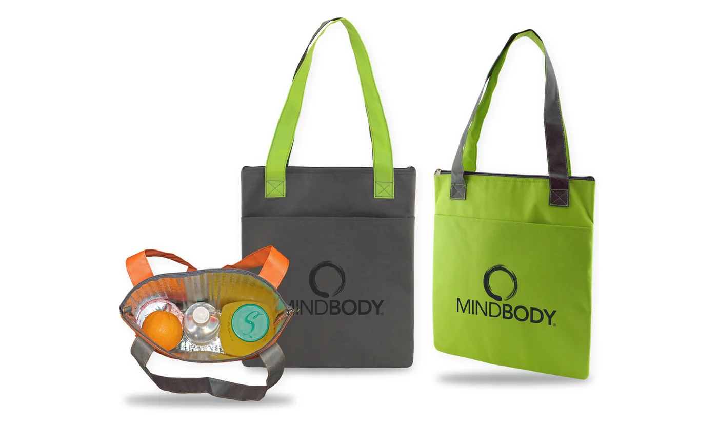 Custom printed insulated slim totes in charcoal with lime green, shown back and front, with a fitness studio logo