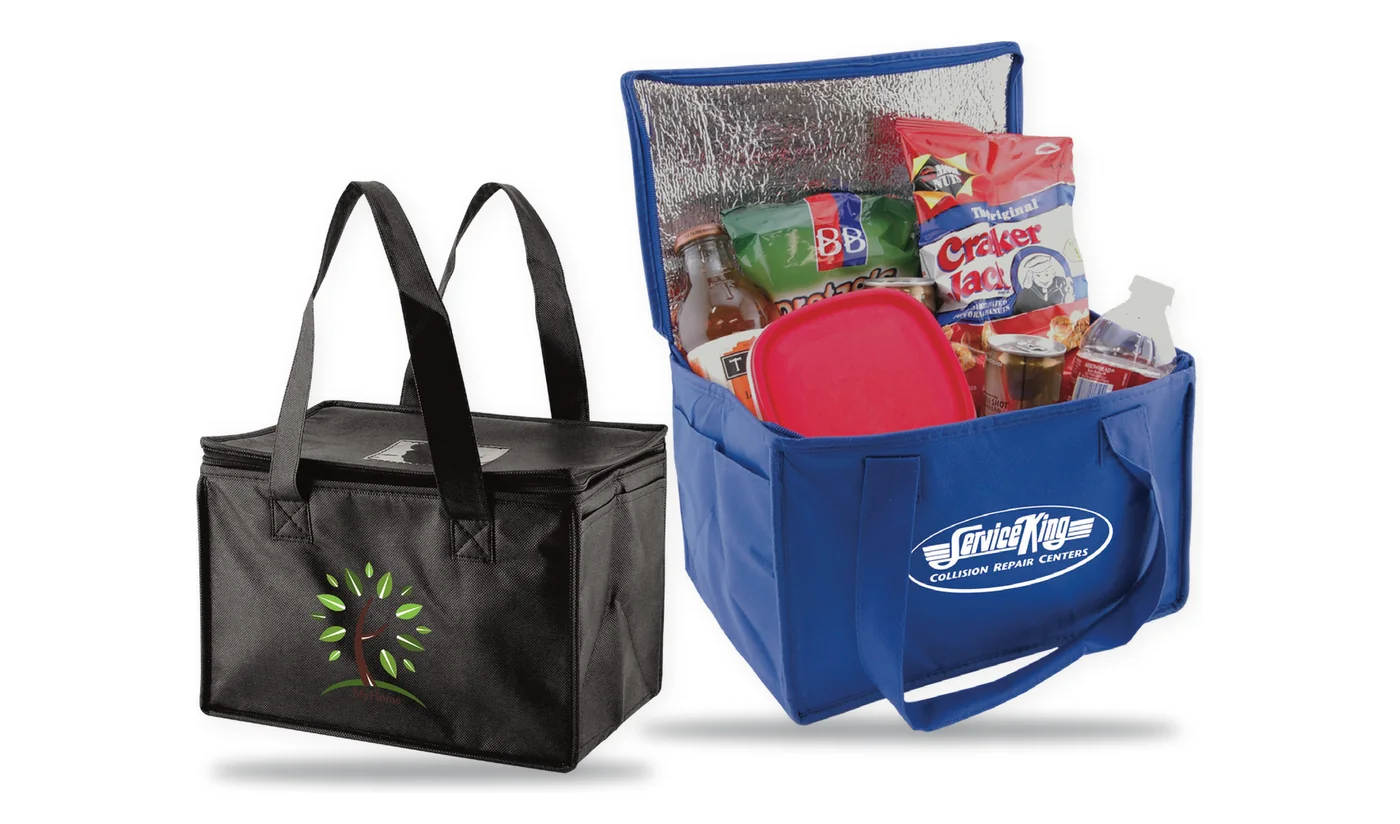 Two custom printed insulated pocket totes, a royal blue tote packed with snacks and a black tote with a green logo