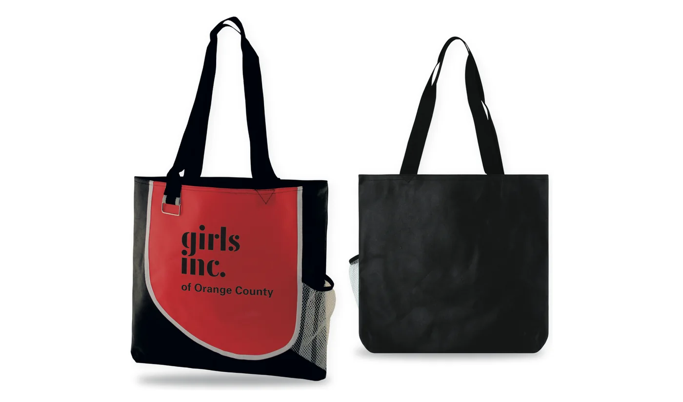 Custom printed red and black executive zip tote with a buckle and a nonprofit logo, and the plain back of a black executive tote
