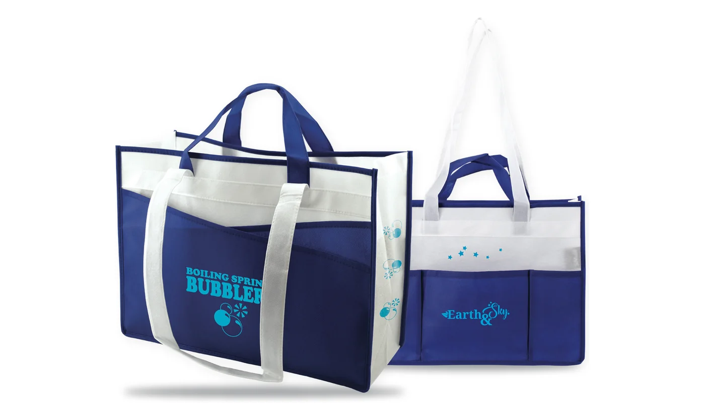 Two custom printed royal blue and white multi pocket totes with outside pockets and a water company logo