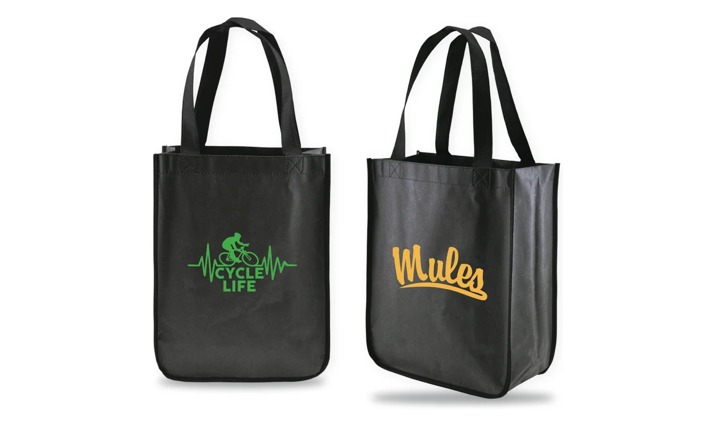 Two custom printed black matte laminated junior totes, one with a gold script logo and one with a green cycling logo