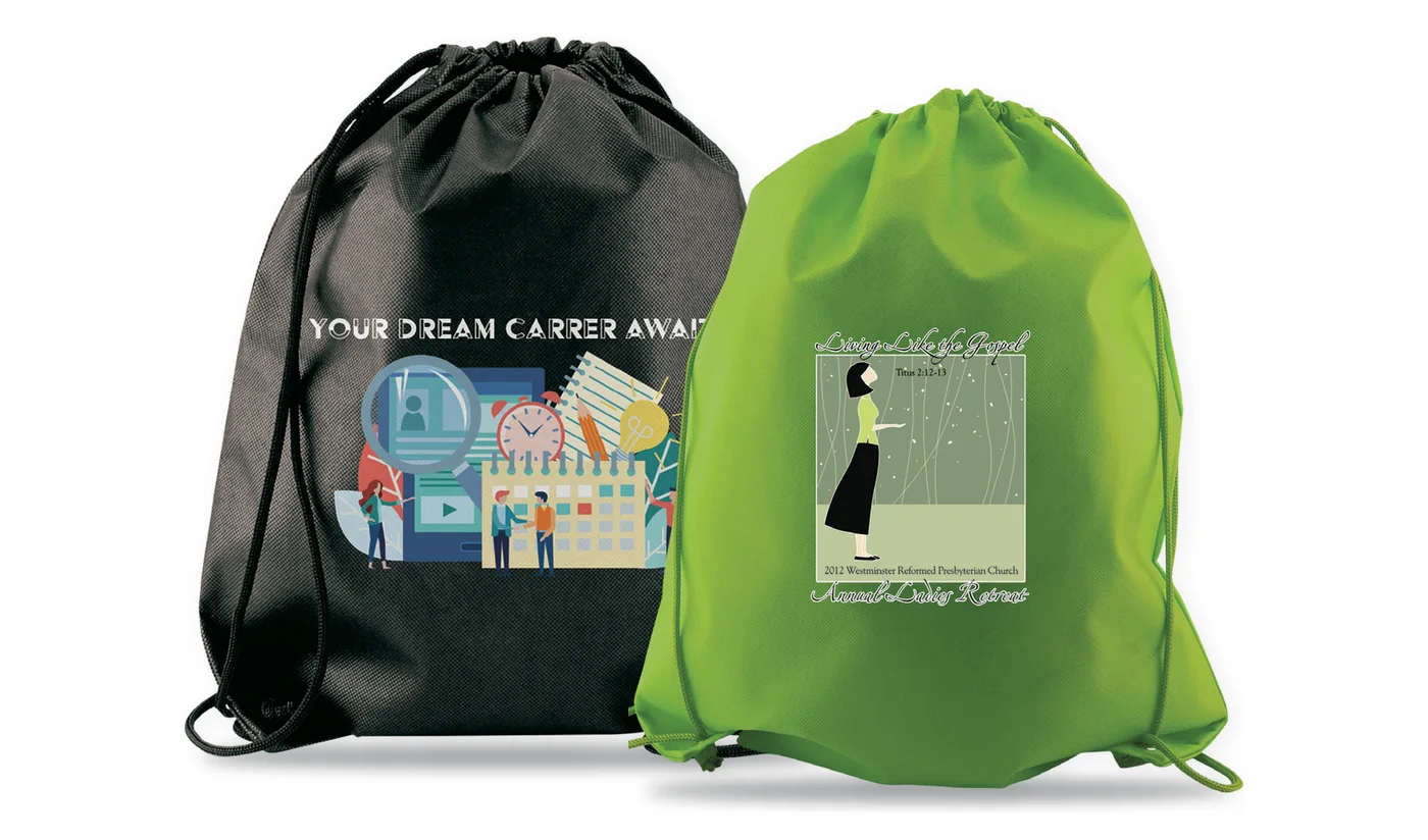 Two custom printed non-woven drawstring backpacks, a black backpack with full color art and a lime green backpack with a full color print