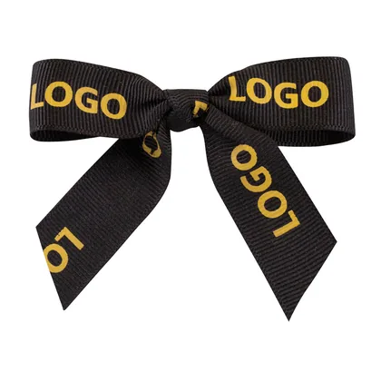 Black grosgrain pre-tied bow printed with a gold logo
