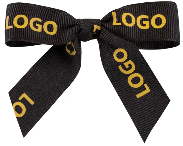 Black grosgrain pre-tied bow printed with a gold logo, labeled for bow span, ribbon width and tail length