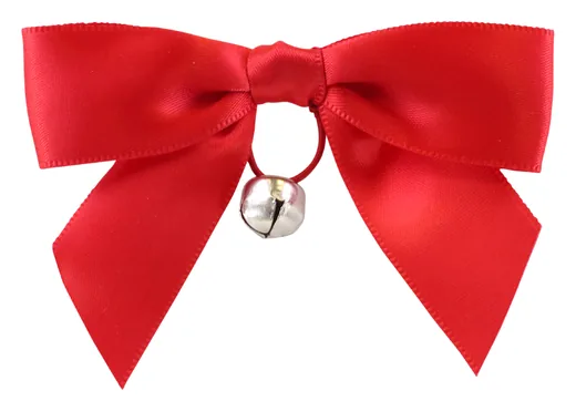Bow with jingle bell made from printed ribbon