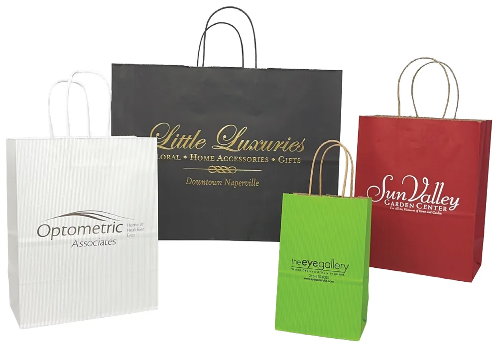 Shadow stripe shopping bags in india ink, white, apple green and really red with matching twisted handles