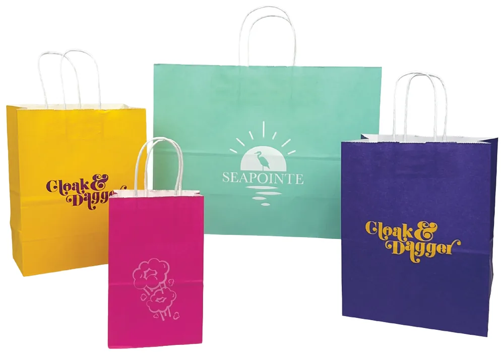 Solid tint white kraft shopping bags in turquoise, dragon fruit, purple and bright yellow with white twisted handles