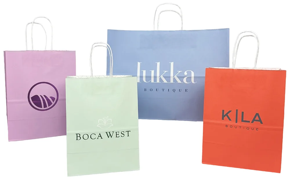 Coastal Vibes shopping bags in coral, lilac haze, seafoam and sky blue with a wave design printed inside
