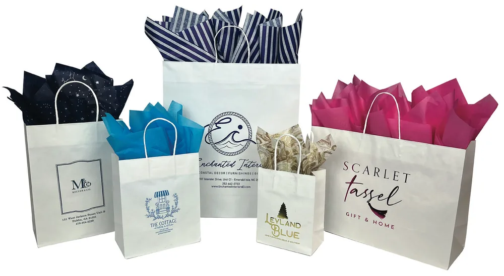 White kraft fold-over J-Cut shopping bags ink printed with logos in navy, royal blue and green