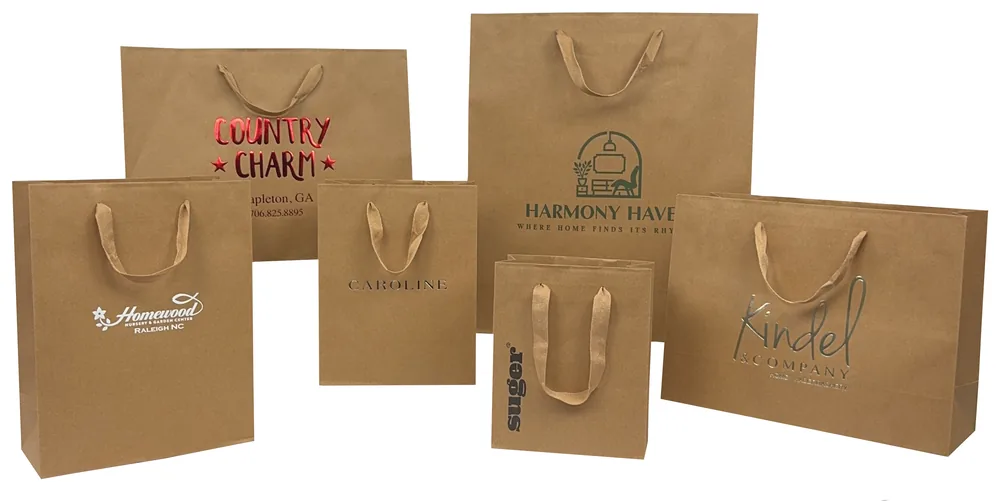 Natural kraft Brooklyn totes with kraft twill handles and printed logos