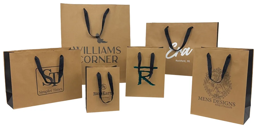 Natural kraft Brooklyn totes with black gussets, black twill handles and printed logos