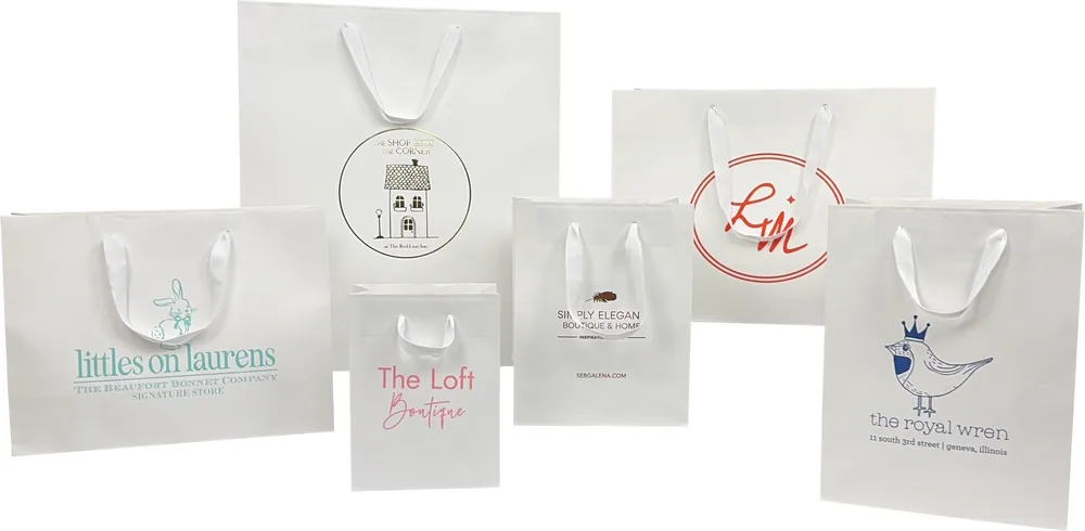 White Brooklyn totes with white twill handles and printed logos