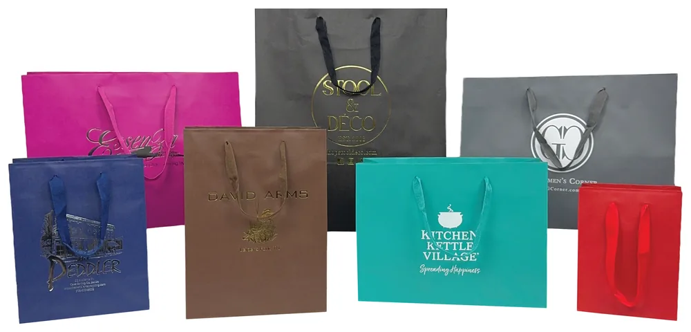 Brooklyn totes in aqua blue, azalea, charcoal, black, chocolate, red and navy with matching twill handles and hot stamped logos
