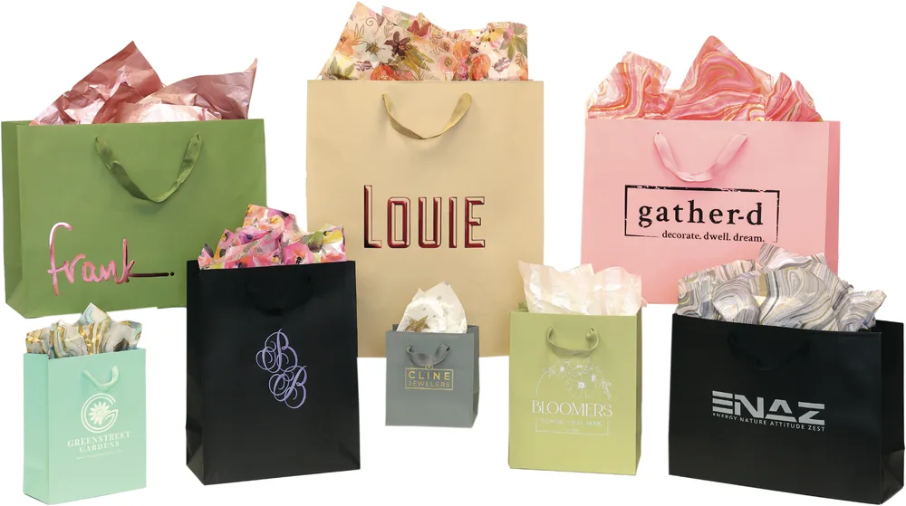 Fashion Tint totes in willow, sand, rose, black, robin's egg and celery with matching twill handles and printed logos
