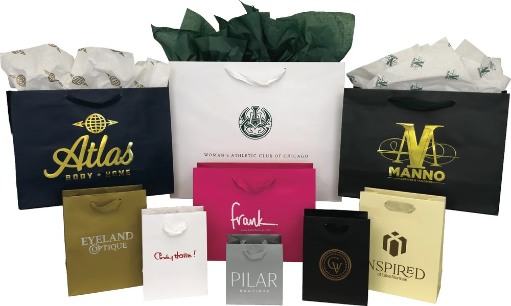 Matte laminated Eurototes, custom euro tote bags in navy, white, black, fuchsia, gold and silver hot stamped with logos
