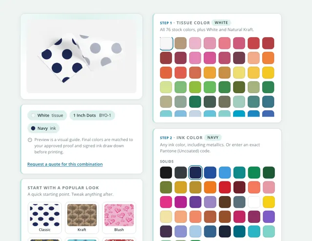 Design builder tool showing tissue and ink color choices